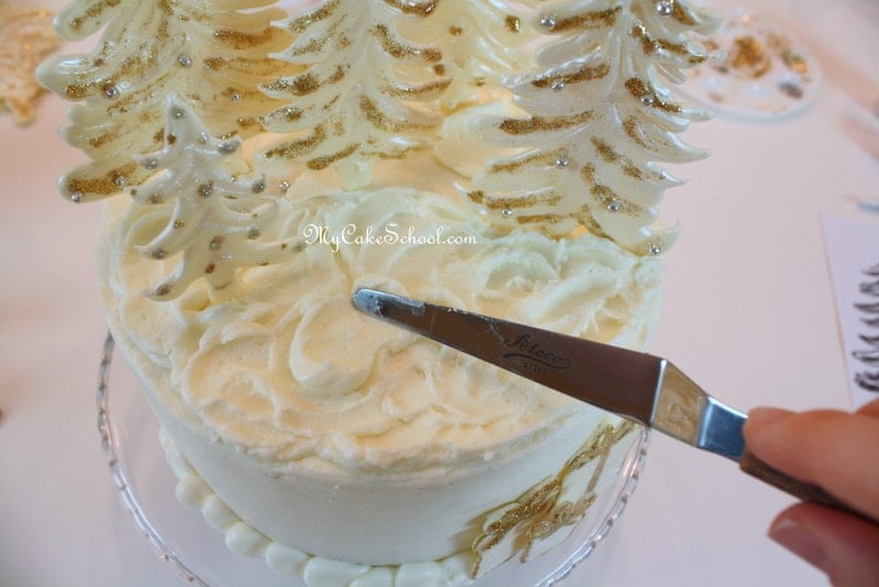 Beautiful Winter Wonderland Cake with White Chocolate Trees! A Free Step by Step Cake Tutorial by MyCakeSchool.com! Perfect for Christmas and Winter Gatherings!