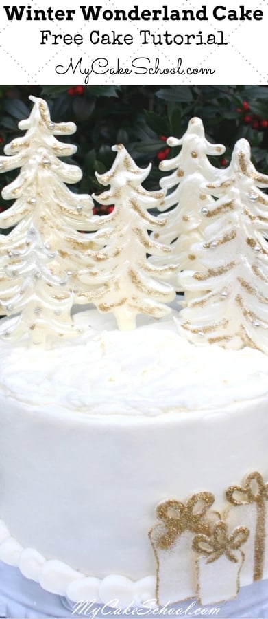 Elegant Winter Wonderland Cake Tutorial by MyCakeSchool.com featuring White Chocolate Trees! Free Tutorial! 