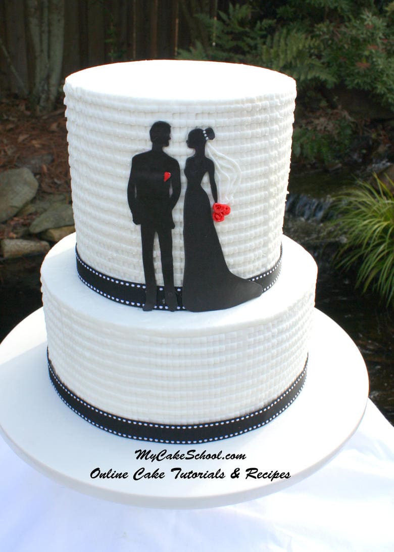 Elegant Silhouette Cake Design against textured buttercream. Cake tutorial by MyCakeSchool.com. Online Cake Decorating Tutorials & Recipes.