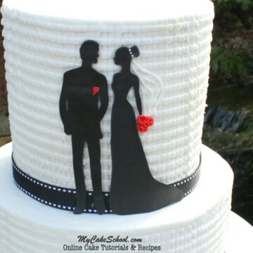 Beautiful Bride and Groom Silhouette Cake with textured buttercream. Cake tutorial by MyCakeSchool.com!