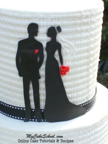 Beautiful Bride and Groom Silhouette Cake with textured buttercream. Cake tutorial by MyCakeSchool.com!