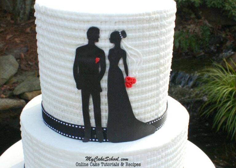 Beautiful Bride and Groom Silhouette Cake with textured buttercream. Cake tutorial by MyCakeSchool.com!