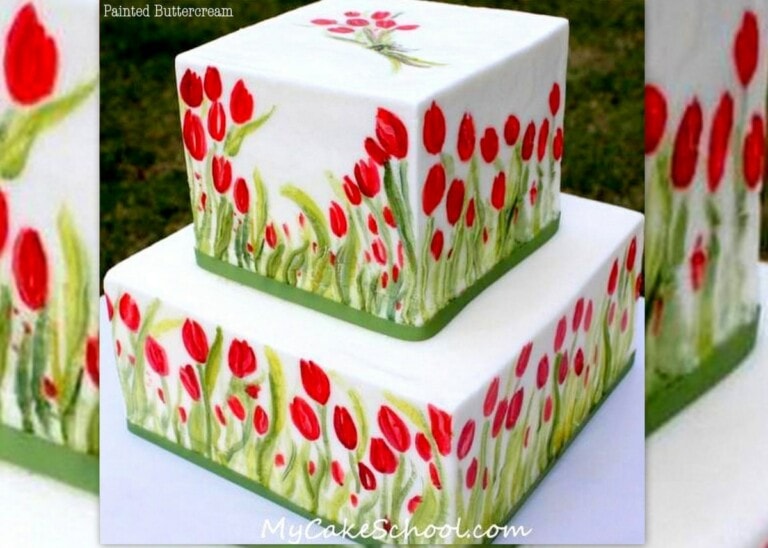 How to Paint Buttercream! A beautiful painted tulip cake video tutorial by MyCakeSchool.com! Online cake tutorials and cake recipes!