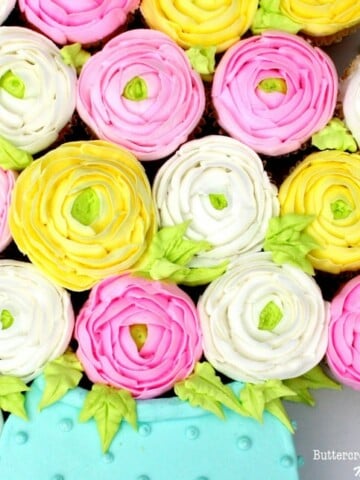 Buttercream Ranunculus Cupcakes! Free video tutorial by MyCakeSchool.com. Online cake tutorials, recipes, videos, and more!