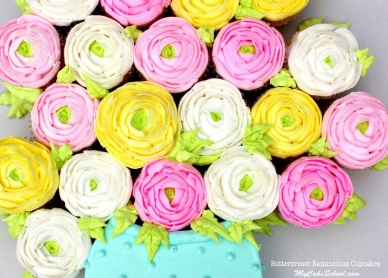Buttercream Ranunculus Cupcakes! Free video tutorial by MyCakeSchool.com. Online cake tutorials, recipes, videos, and more!