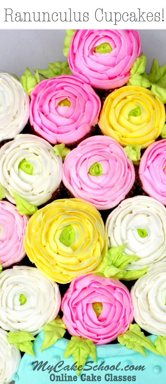 Free Buttercream Ranunculus Cupcakes Video Tutorial by MyCakeSchool.com! Online cake tutorials, recipes, videos, and more!