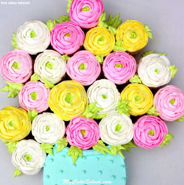 Beautiful buttercream ranunculus cupcakes! Free Buttercream piping cake video tutorial by MyCakeSchool.com! Online cake tutorials, recipes, and more!