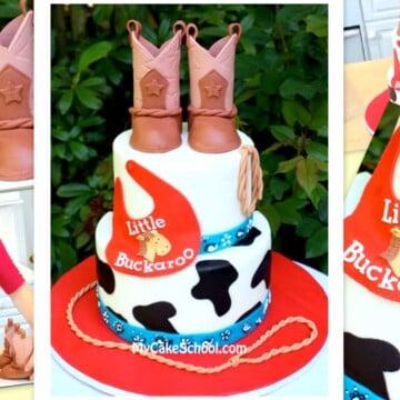 Western themed baby shower cake tutorial with gum paste boots on top! Cute cake decorating tutorial by MyCakeSchool.com!