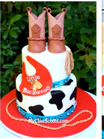 Western themed baby shower cake tutorial with gum paste boots on top! Cute cake decorating tutorial by MyCakeSchool.com!