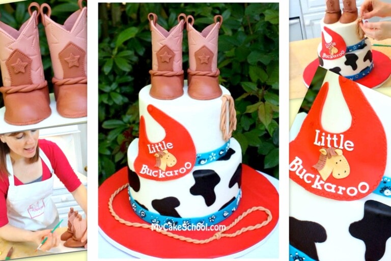 Western themed baby shower cake tutorial with gum paste boots on top! Cute cake decorating tutorial by MyCakeSchool.com!