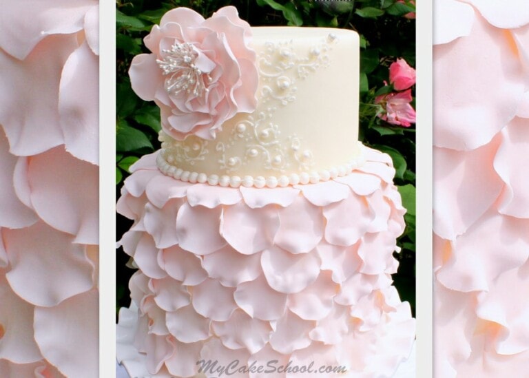 Elegant Fondant Petal Cake with Scrollwork and Flower- A Cake Decorating Video by MyCakeSchool.com.