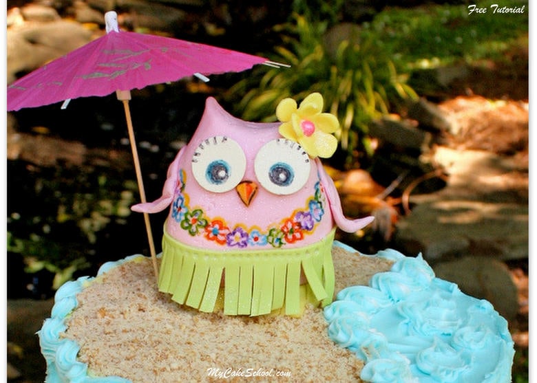 Cute Hula Owl Cake Topper Tutorial! Step-by-Step free tutorial by My Cake School! Perfect for pool parties, and beach or luau themes!