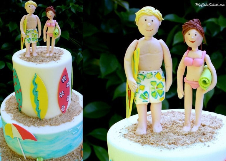 Beach Cake with Modeled Gum Paste Beach Couple! Cake decorating video (for members) by MyCakeSchool.com! Online Cake Classes and Recipes!