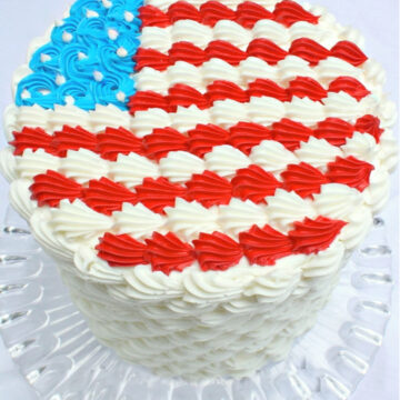 July Fourth Cake with Buttercream Flag on top, piped with buttercream shells.