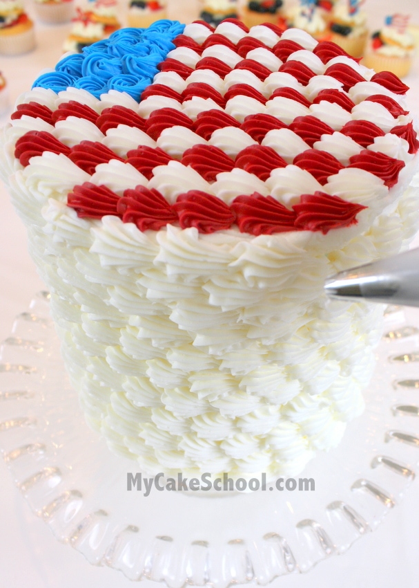 Decorating July Fourth Cake with Piped Buttercream Shells.