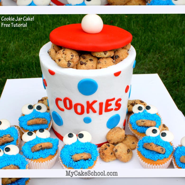 CUTE Buttercream Cookie Jar Cake Tutorial and Cookie Monster Cupcakes! Free step by step cupcake decorating tutorial by MyCakeSchool.com! Online cake tutorials, recipes, videos, and more!