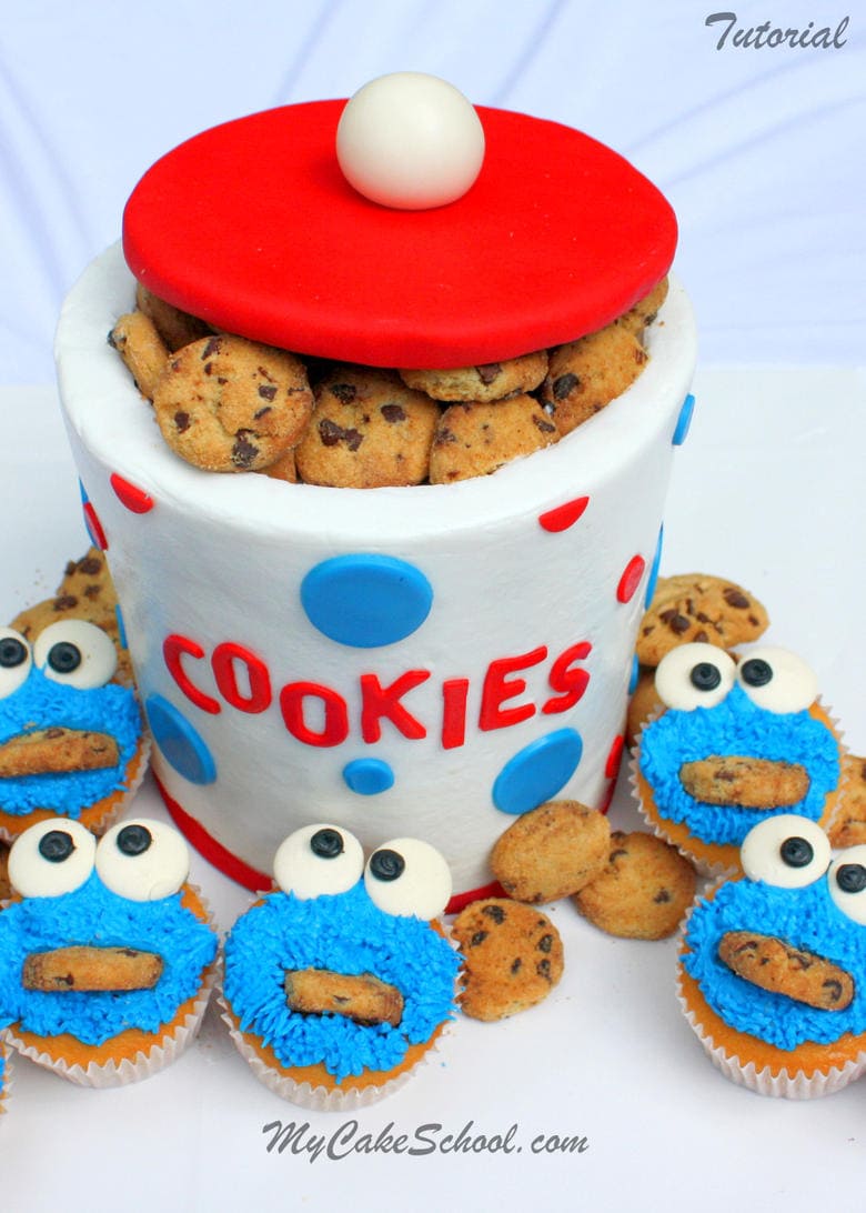 CUTE Buttercream Cookie Jar Cake Tutorial and Cookie Monster Cupcakes! Free step by step cake decorating tutorial by MyCakeSchool.com! Online cake tutorials, recipes, videos, and more!