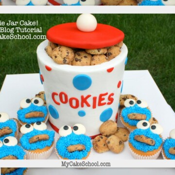 CUTE Cookie Jar Cake Tutorial with Cookie Monster Cupcakes! Free step by step cake tutorial by MyCakeSchool.com! Online cake classes and cake recipes!