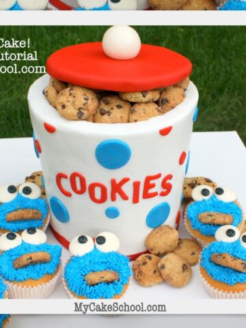 CUTE Cookie Jar Cake Tutorial with Cookie Monster Cupcakes! Free step by step cake tutorial by MyCakeSchool.com! Online cake classes and cake recipes!