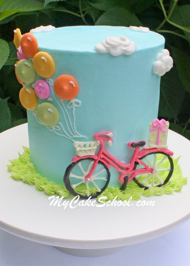 Adorable Bicycle and Balloons Cake! Free cake decorating tutorial by MyCakeSchool.com! Online cake classes & recipes!