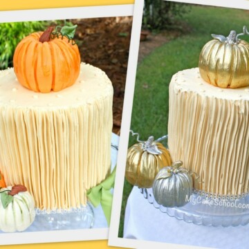 Learn to make gorgeous pumpkin cake toppers in this free fall cake tutorial by MyCakeSchool.com! We'll show you how to make both natural and gold versions!