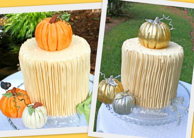 Learn to make gorgeous pumpkin cake toppers in this free fall cake tutorial by MyCakeSchool.com! We'll show you how to make both natural and gold versions!