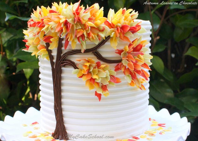 Free Cake Tutorial by MyCakeSchool.com! Gorgeous "Autumn Leaves in Chocolate" cake design by MyCakeSchool.com