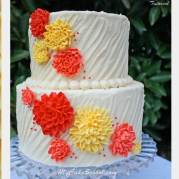 Learn to pipe beautiful buttercream chrysanthemums on textured buttercream in this fall-themed My Cake School video tutorial!