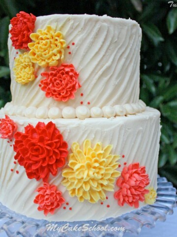 Learn to pipe beautiful buttercream chrysanthemums on textured buttercream in this fall-themed My Cake School video tutorial!