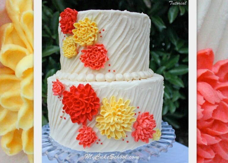 Learn to pipe beautiful buttercream chrysanthemums on textured buttercream in this fall-themed My Cake School video tutorial!