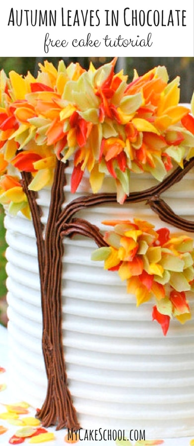 Free Cake Tutorial for Autumn Leaves in Chocolate! Step by step cake tutorial by MyCakeSchool.com. Perfect for Thanksgiving and Fall Gatherings!