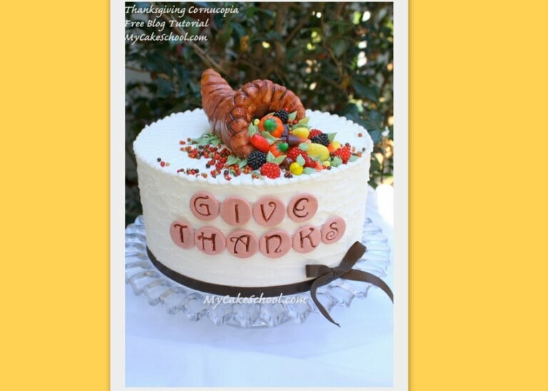 Cute Cornucopia Cake Topper Tutorial by MyCakeSchool.com! This free cake tutorial is perfect for Thanksgiving celebrations!