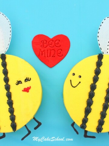 So much cuteness! These adorable Bee Mine cakes and cupcakes are perfect for Valentine's Day! Free tutorial by MyCakeSchool.com!