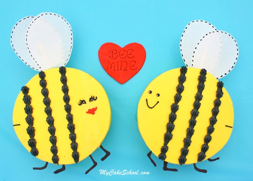 Adorable Bee Mine Valentine's Day Cake and Cupcake Tutorial by MyCakeSchool.com! Perfect for Valentine's Parties!