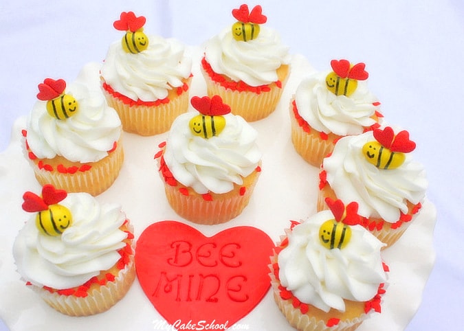 So cute for Valentine's Day! Bee Mine cakes and cupcakes! MyCakeSchoool.com