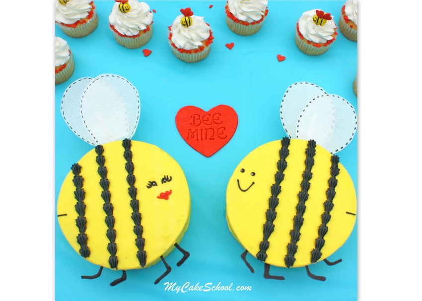 Adorable Bee Mine Valentine's Day Cake and Cupcake Tutorial by MyCakeSchool.com! Perfect for Valentine's Parties!