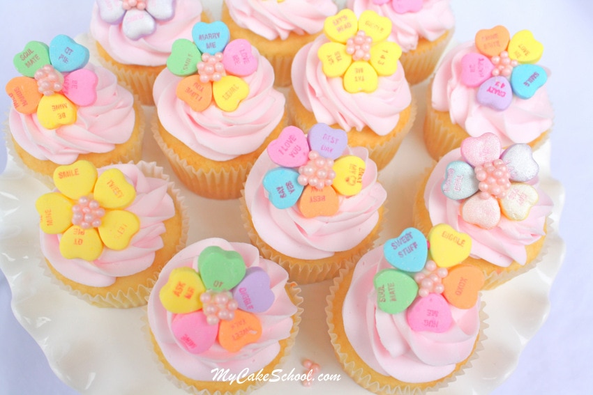 Learn how to make CUTE Conversation Heart Flowers for Cupcakes! Free Cupcake Tutorial for Valentine's Day! MyCakeSchool.com.