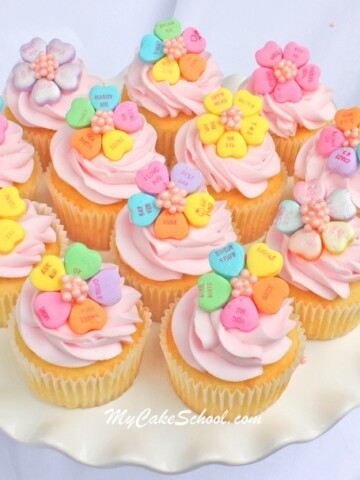 The CUTEST Conversation Heart Cupcake Toppers! Free cupcake tutorial by MyCakeSchool.com!