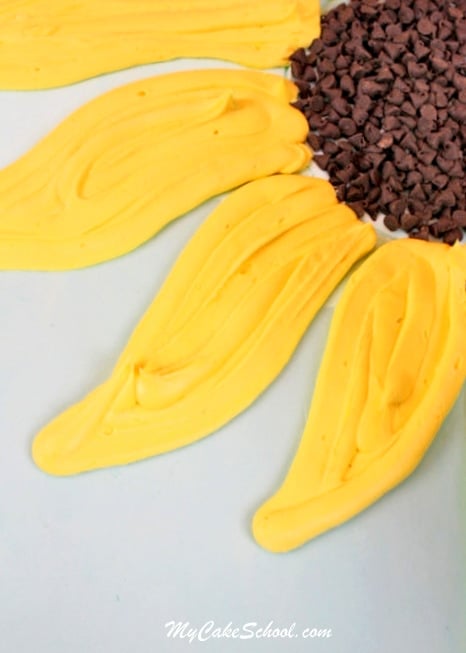 Beautiful buttercream sunflower sheet cake tutorial by MyCakeSchool.com! Free step by step cake tutorials and recipes!