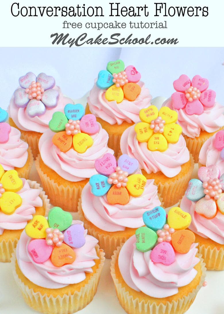 Adorable Conversation Heart Flower Cupcake Toppers! Free Tutorial by My Cake School!