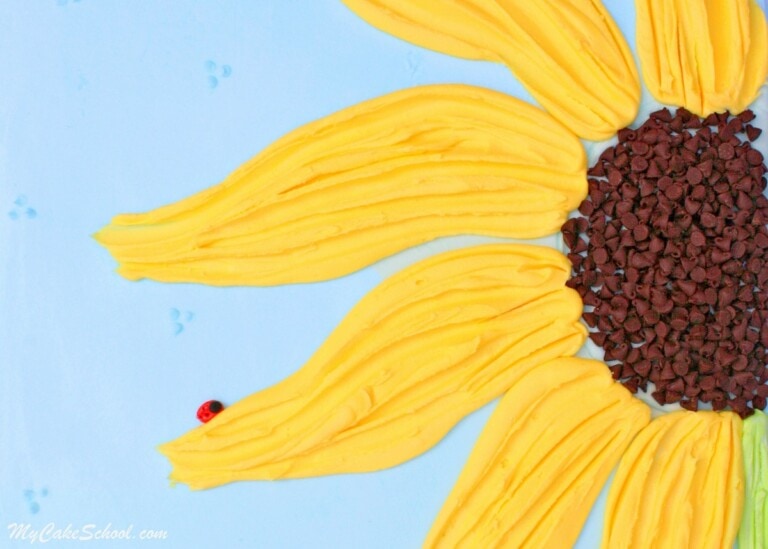 Beautiful buttercream sunflower sheet cake tutorial by My Cake School! Free tutorial!