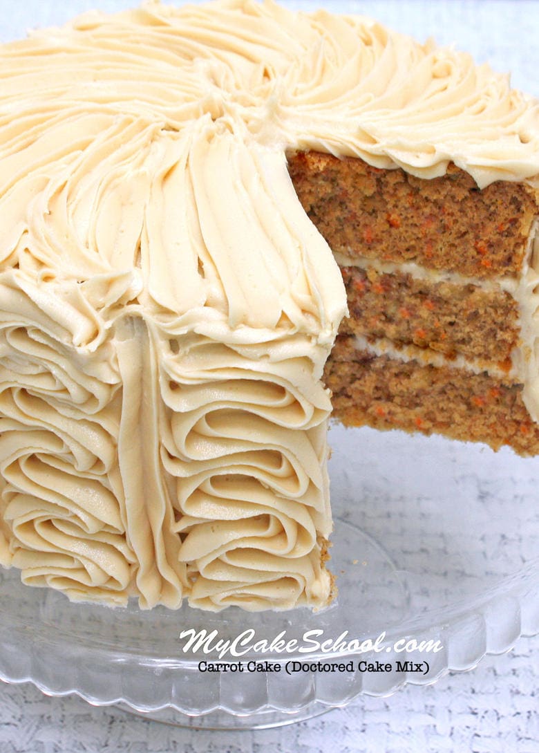 Carrot Cake-Doctored Cake Mix Version. We have a scratch Carrot Cake version too! Try them both! MyCakeSchool.com online cake tutorials, recipes, and videos!
