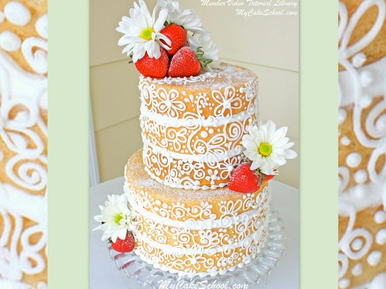 A fun twist on a naked cake, this cake is dressed in buttercream scrollwork!