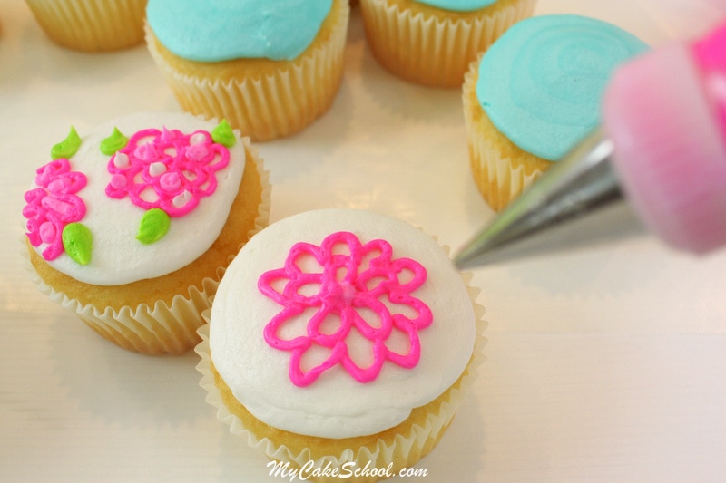 Bright and Cheerful Buttercream Cupcake Tutorial! Lilly Pulitzer Inspired. Free Tutorial by MyCakeSchool.com. Online Cake Decorating Tutorials, Videos, and Recipes! 