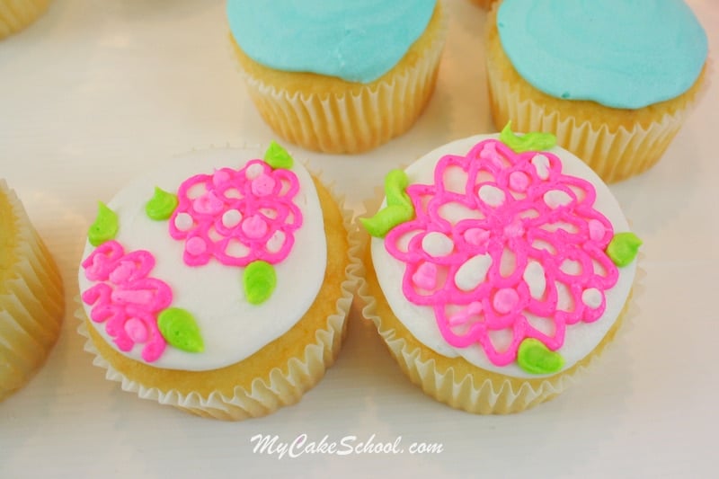 Bright and Cheerful Buttercream Cupcake Tutorial! Lilly Pulitzer Inspired. Free Tutorial by MyCakeSchool.com. Online Cake Decorating Tutorials, Videos, and Recipes! 