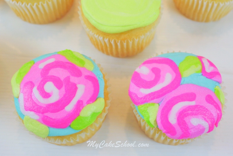 Bright and Cheerful Buttercream Cupcake Tutorial! Lilly Pulitzer Inspired. Free Tutorial by MyCakeSchool.com. Online Cake Decorating Tutorials, Videos, and Recipes! 