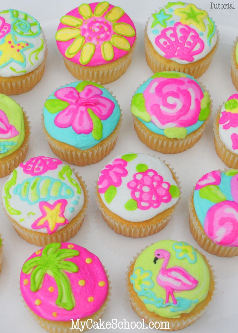 Bright and Cheerful Lilly Pulitzer Inspired Cupcakes! Free Tutorial by MyCakeSchool.com. Online Cake Decorating Tutorials, Videos, and Recipes!