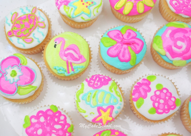 Bright and Cheerful Buttercream Cupcake Tutorial! Lilly Pulitzer Inspired. Free Tutorial by MyCakeSchool.com. Online Cake Decorating Tutorials, Videos, and Recipes! 