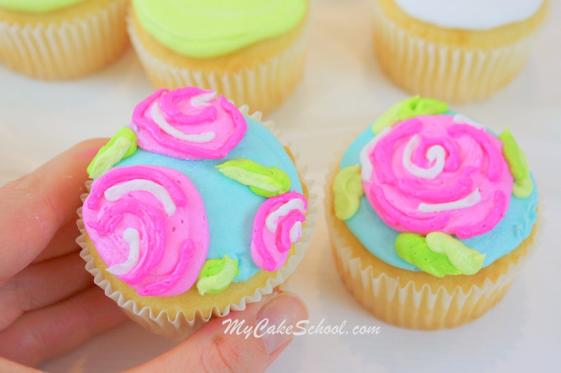 Bright and Cheerful Buttercream Cupcake Tutorial! Lilly Pulitzer Inspired. Free Tutorial by MyCakeSchool.com. Online Cake Decorating Tutorials, Videos, and Recipes! 