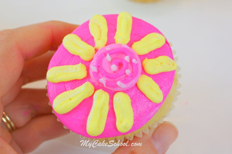 Bright and Cheerful Buttercream Cupcake Tutorial! Lilly Pulitzer Inspired. Free Tutorial by MyCakeSchool.com. Online Cake Decorating Tutorials, Videos, and Recipes! 